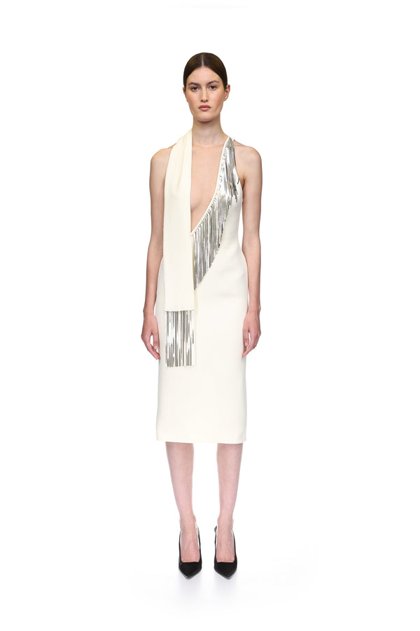 David Koma SILVER CHAIN FRINGE MIDI DRESS CREAM