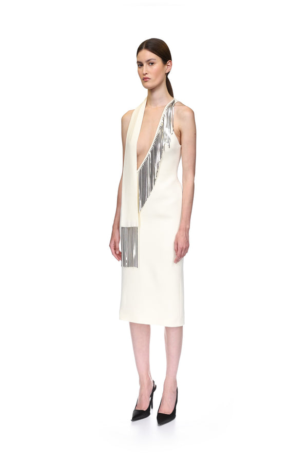 David Koma SILVER CHAIN FRINGE MIDI DRESS CREAM