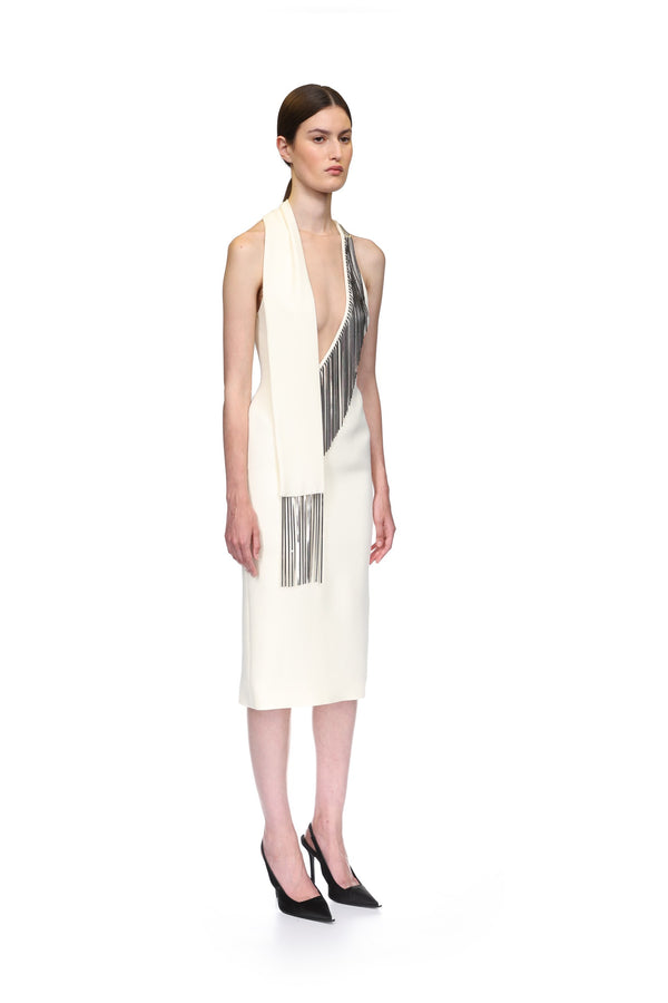 David Koma SILVER CHAIN FRINGE MIDI DRESS CREAM