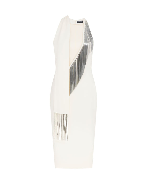 david koma SILVER CHAIN FRINGE MIDI DRESS CREAM
