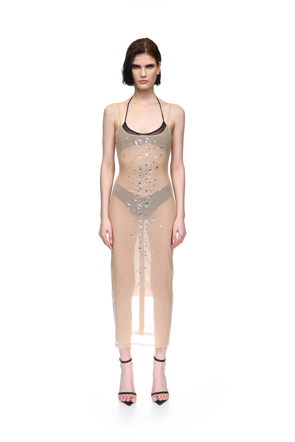 David Koma SPECKLED CRYSTALS NAKED MIDI DRESS NUDE