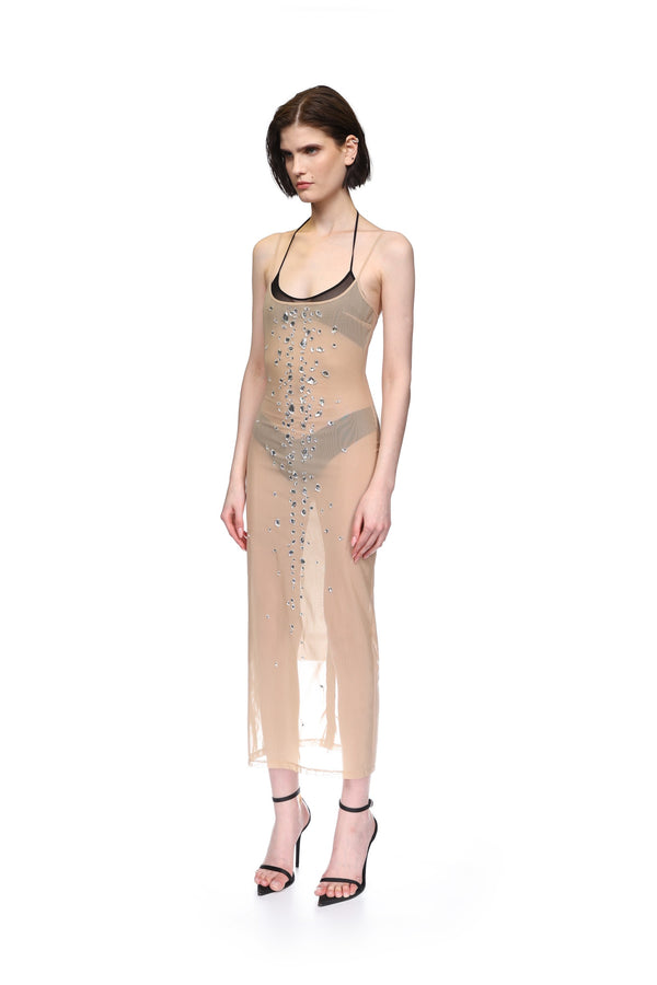 David Koma SPECKLED CRYSTALS NAKED MIDI DRESS NUDE