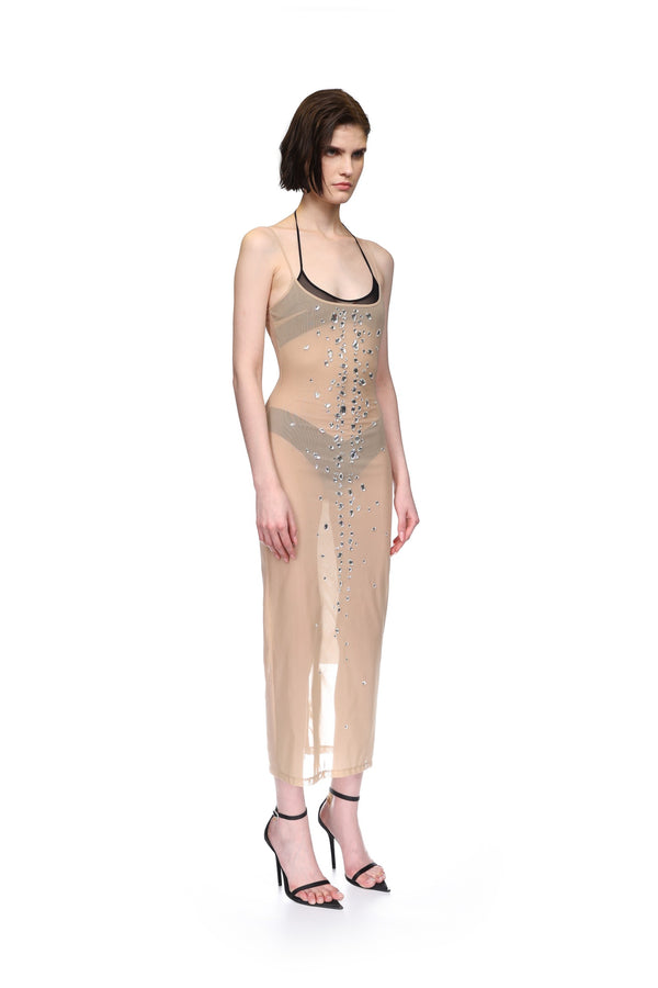 David Koma SPECKLED CRYSTALS NAKED MIDI DRESS NUDE
