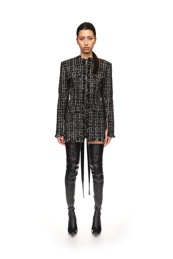 David Koma TWEED AND SATIN BOW MINI DRESS BLACK