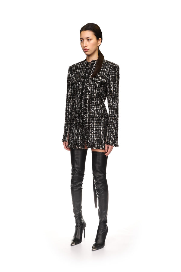 David Koma TWEED AND SATIN BOW MINI DRESS BLACK