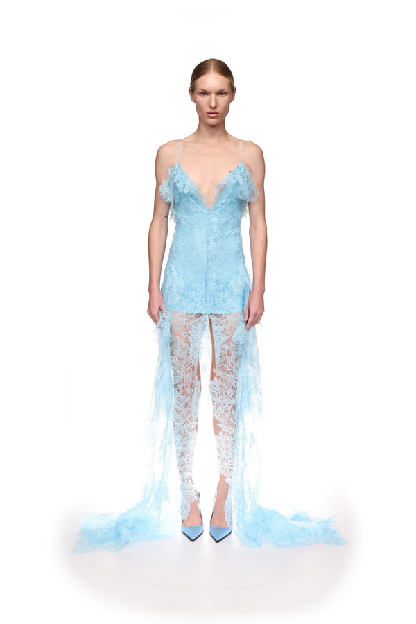 David Koma V NECK LACE GOWN BLUE