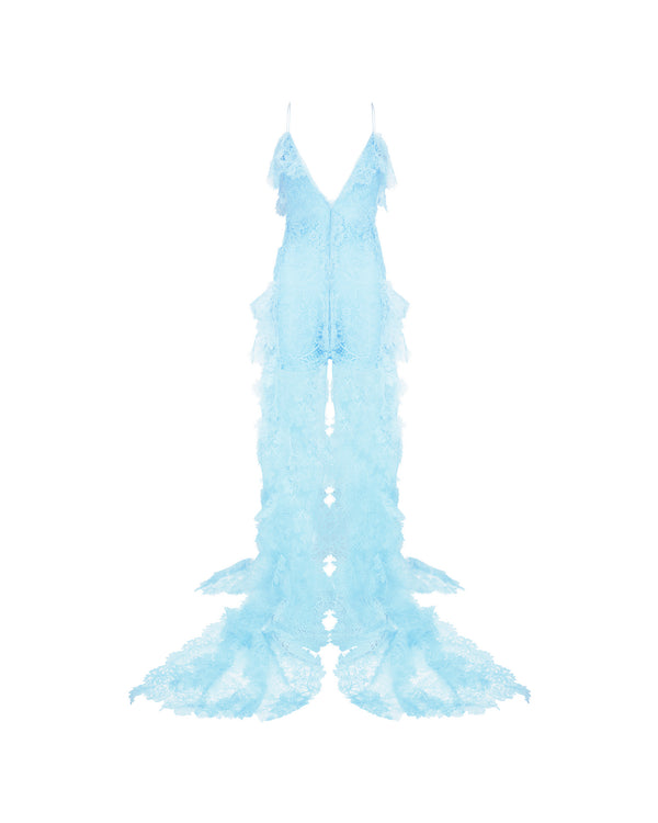 david koma V NECK LACE GOWN BLUE