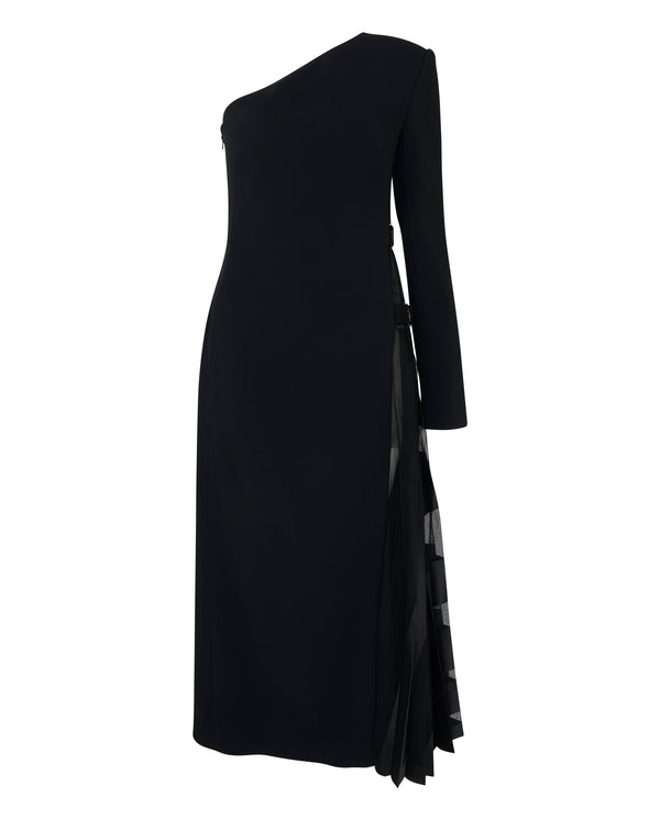 david koma Devore Pleats Side Panel One Sleeve Midi Dress BLACK
