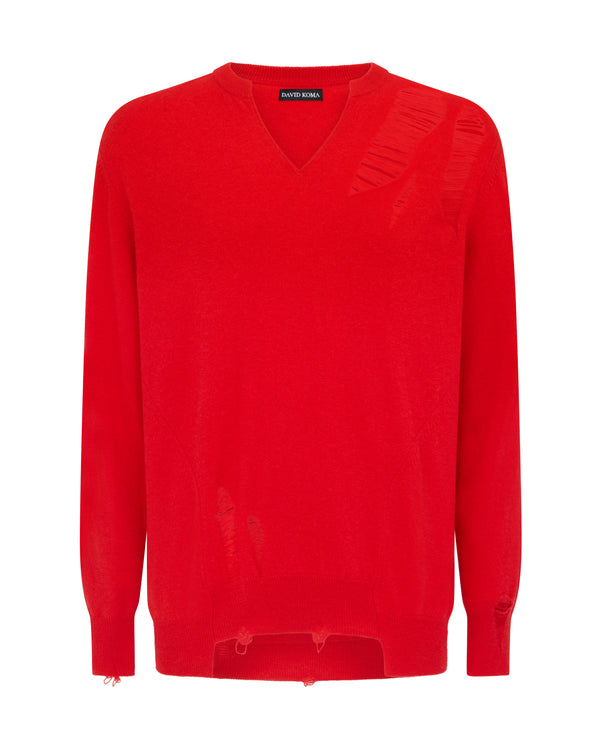 david koma DISTRESSED FINE KNIT JUMPER IN RED BRILLIANT RED