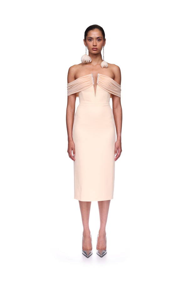 David Koma DRAPE OFF THE SHOULDER MIDI DRESS PEACH/SILVER