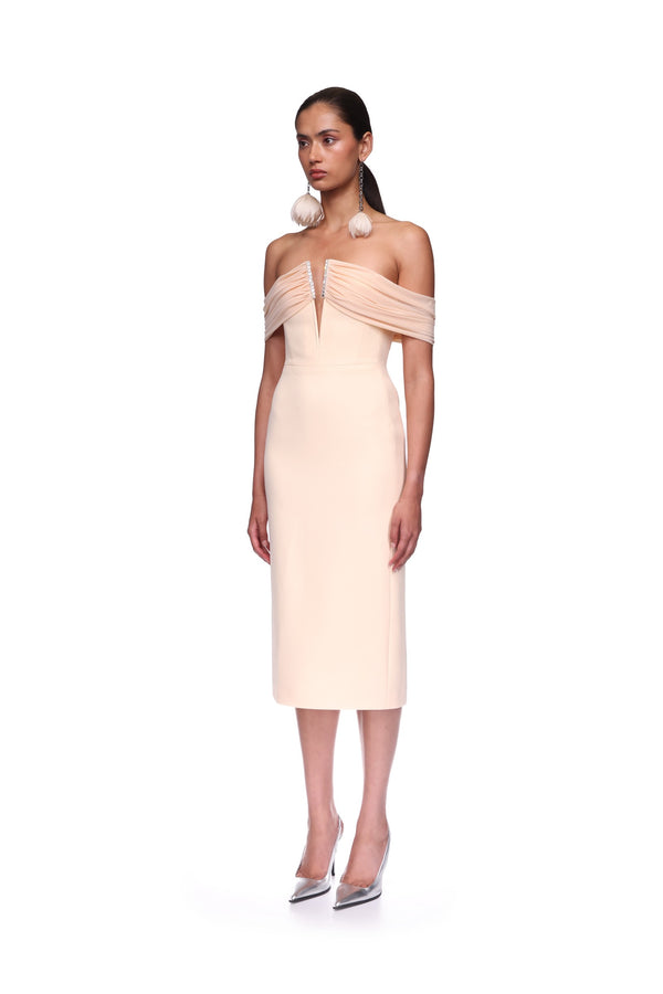 David Koma DRAPE OFF THE SHOULDER MIDI DRESS PEACH/SILVER