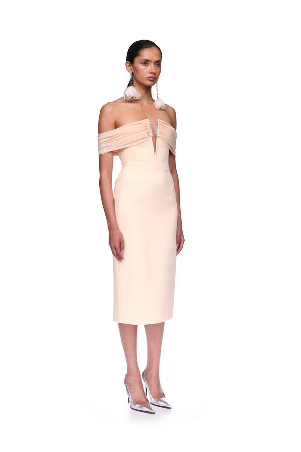 David Koma DRAPE OFF THE SHOULDER MIDI DRESS PEACH/SILVER