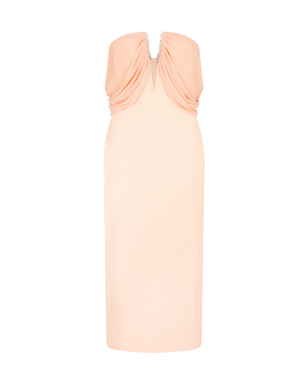 david koma DRAPE OFF THE SHOULDER MIDI DRESS PEACH/SILVER