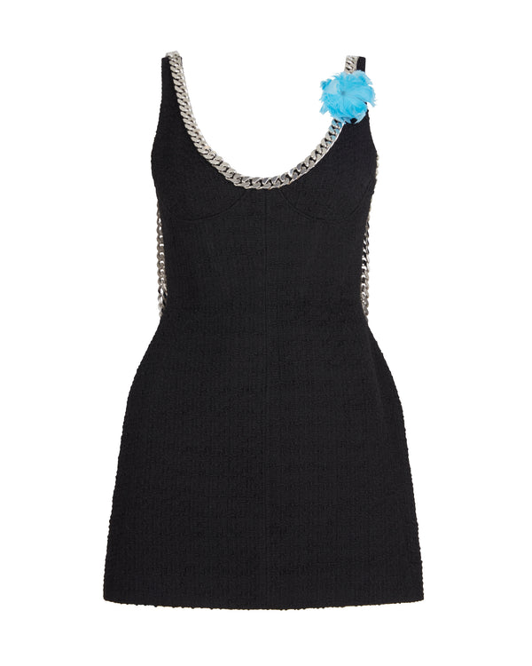 david koma FEATHER FLOWERS AND CHAIN MINI DRESS BLACK/BLUE/SILVER