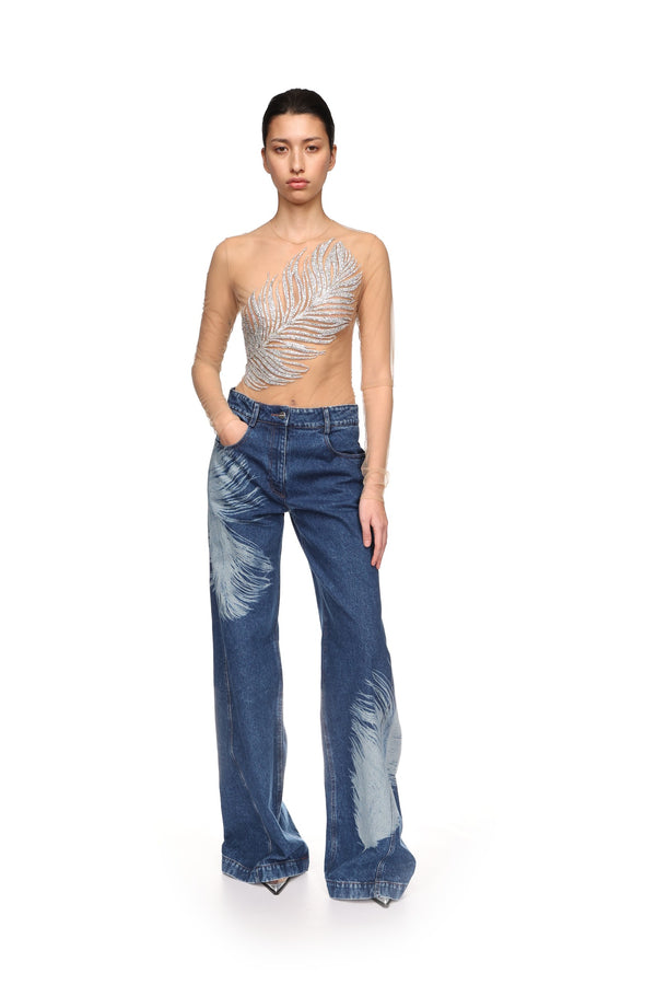David Koma FEATHER PRINT WIDE LEG DENIM TROUSERS BLUE