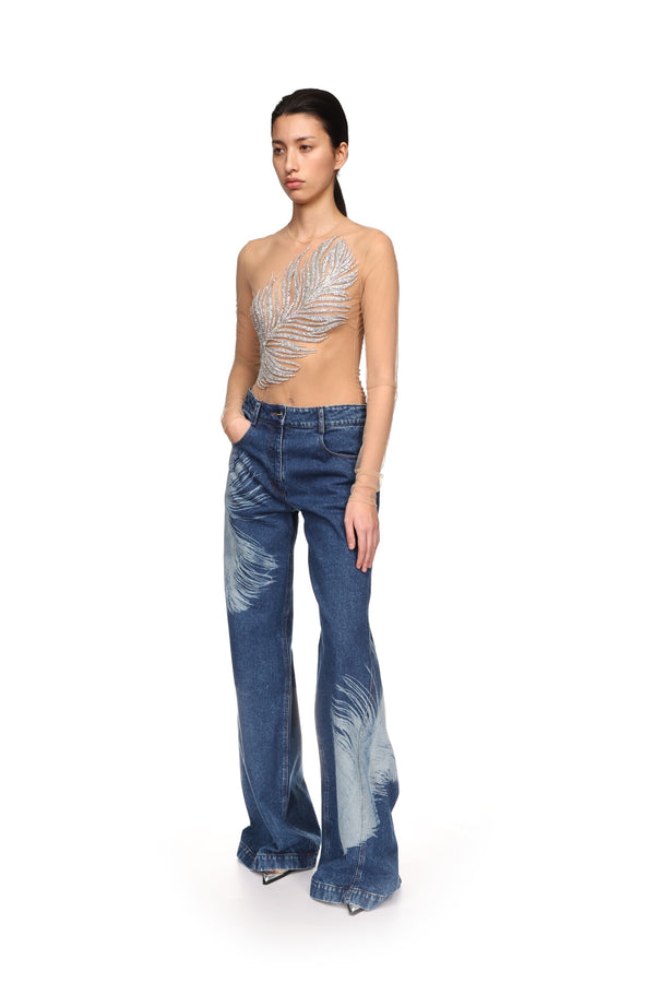 David Koma FEATHER PRINT WIDE LEG DENIM TROUSERS BLUE