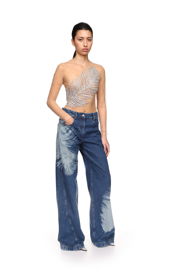 David Koma FEATHER PRINT WIDE LEG DENIM TROUSERS BLUE