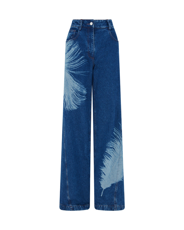 david koma FEATHER PRINT WIDE LEG DENIM TROUSERS BLUE
