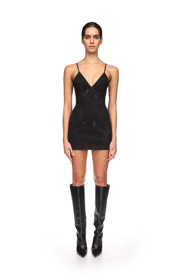 David Koma FEATHER RHINESTONE DENIM MINI DRESS BLACK