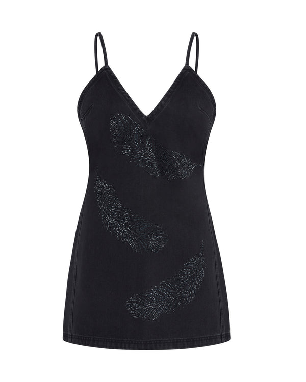 david koma FEATHER RHINESTONE DENIM MINI DRESS BLACK