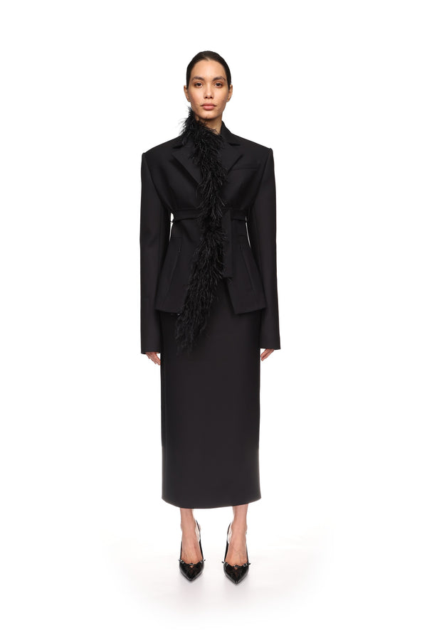 David Koma FEATHER TRIM TAILORED JACKET IN BLACK BLACK