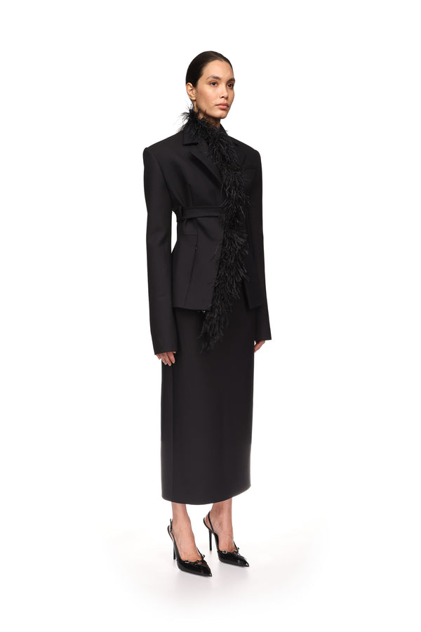 David Koma FEATHER TRIM TAILORED JACKET IN BLACK BLACK