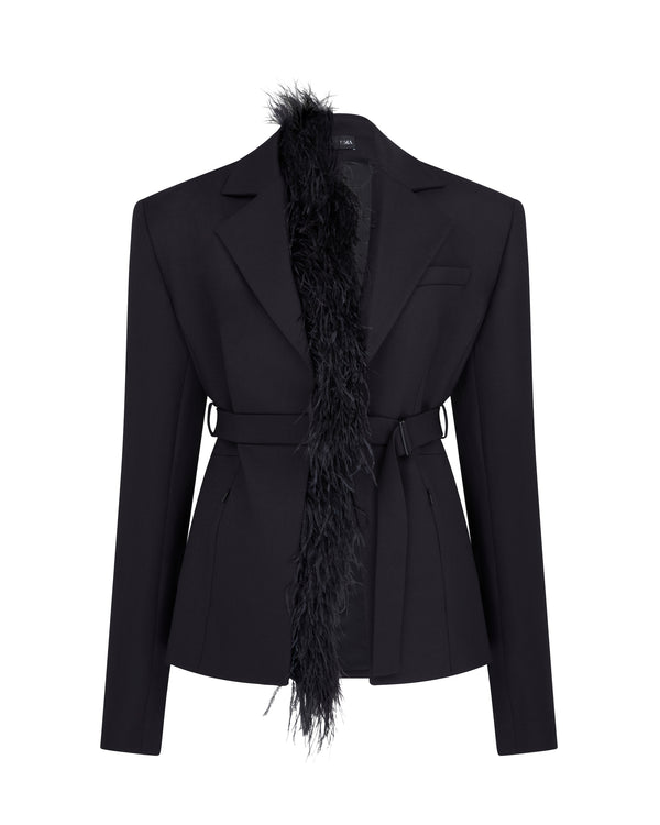 david koma FEATHER TRIM TAILORED JACKET IN BLACK BLACK