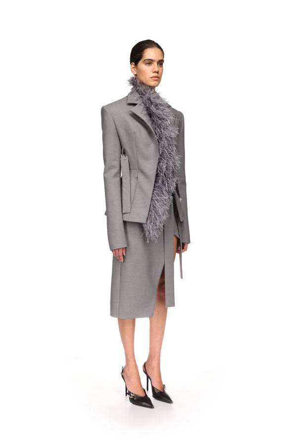 David Koma FEATHER TRIM TAILORED JACKET IN GREY GREY