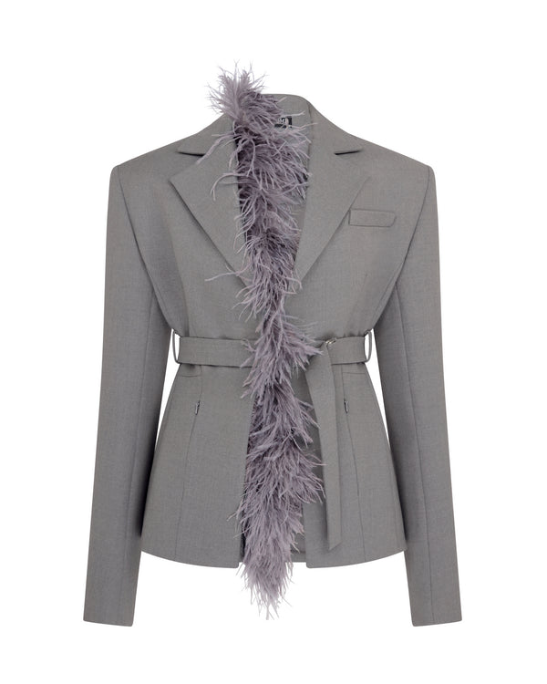 david koma FEATHER TRIM TAILORED JACKET IN GREY GREY