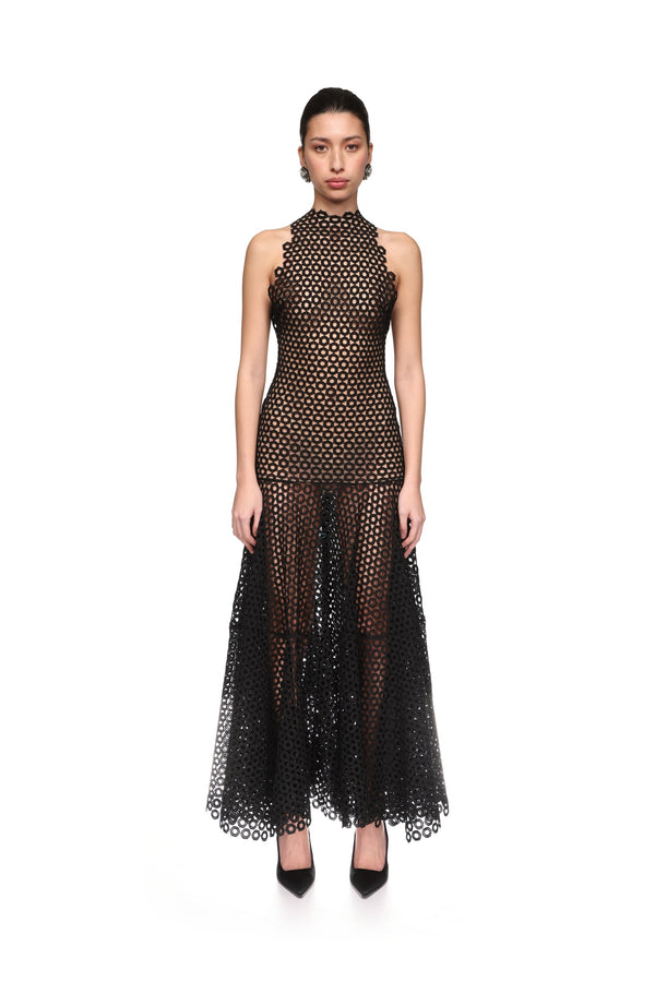 David Koma FLARE HEM SLEEVELESS MACRAME DRESS BLACK