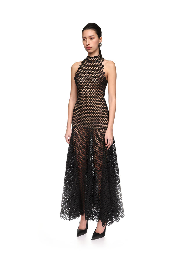 David Koma FLARE HEM SLEEVELESS MACRAME DRESS BLACK