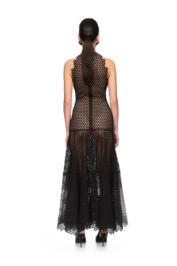 David Koma FLARE HEM SLEEVELESS MACRAME DRESS BLACK