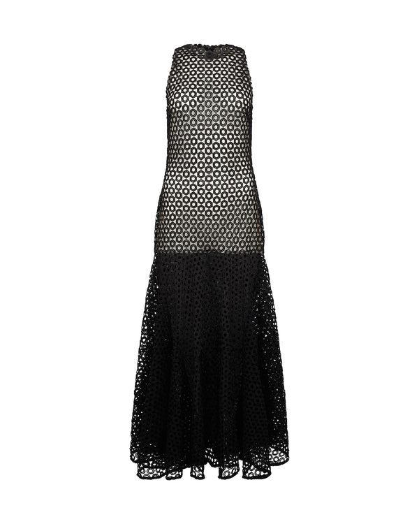 david koma FLARE HEM SLEEVELESS MACRAME DRESS BLACK