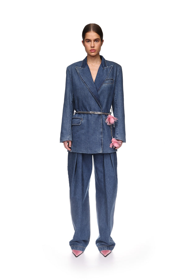 David Koma FLOWER CHAIN BELT DENIM JACKET INDIGO/SILVER
