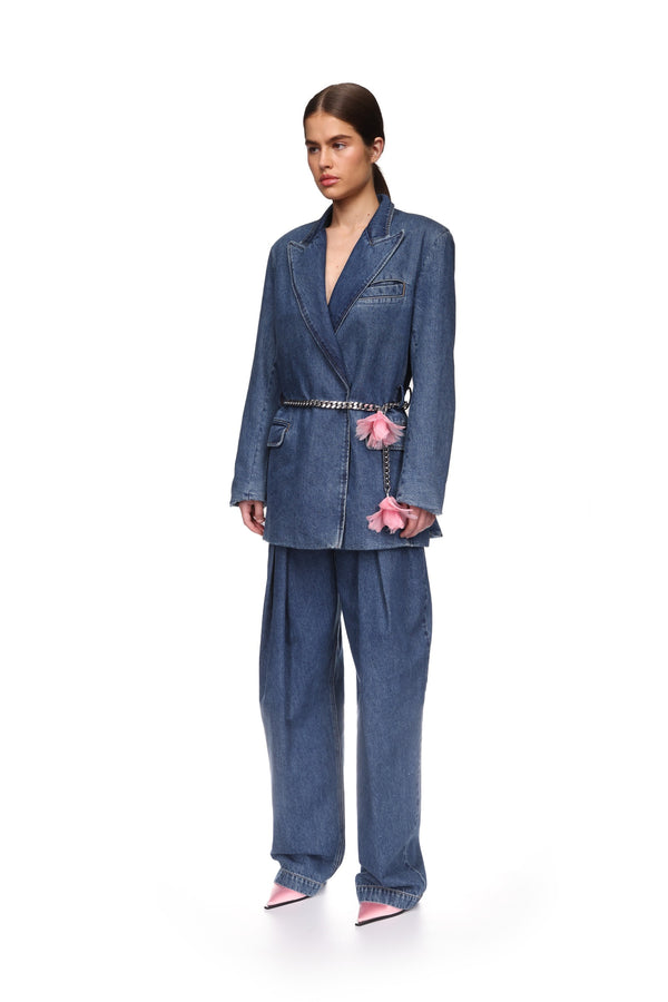 David Koma FLOWER CHAIN BELT DENIM JACKET INDIGO/SILVER