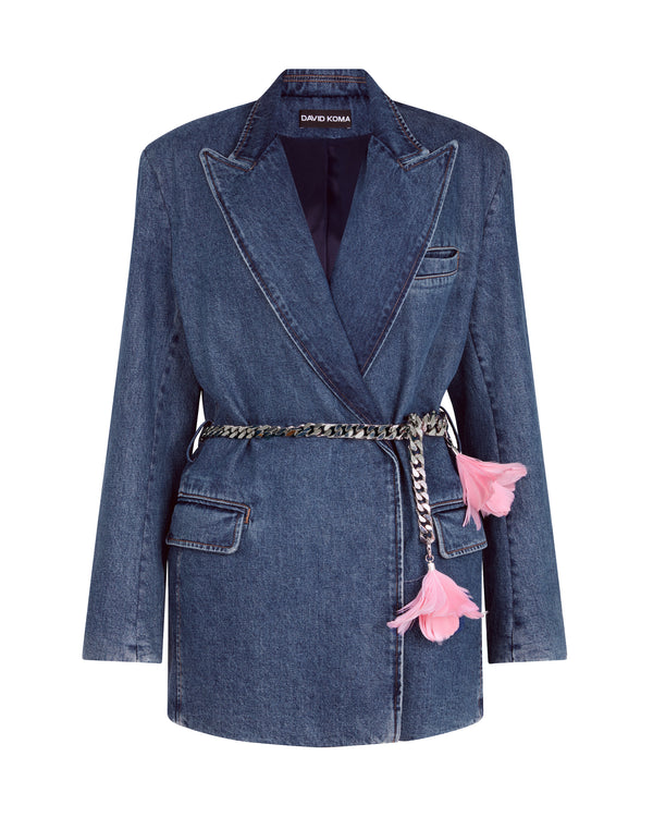david koma FLOWER CHAIN BELT DENIM JACKET INDIGO/SILVER