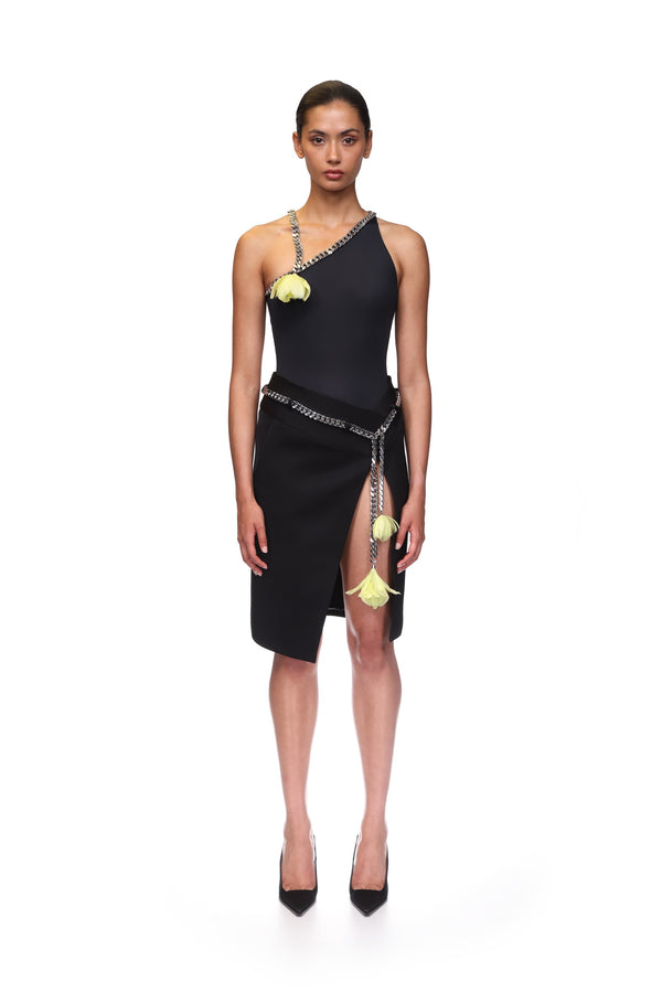 David Koma FLOWER CHAIN ONE SHOULDER BODYSUIT BLACK/YELLOW/SILVER
