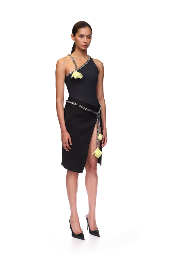 David Koma FLOWER CHAIN ONE SHOULDER BODYSUIT BLACK/YELLOW/SILVER