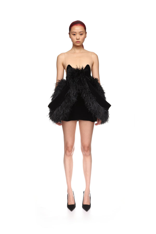 David Koma FOLD SKIRT AND FEATHER TRIM MINI DRESS BLACK