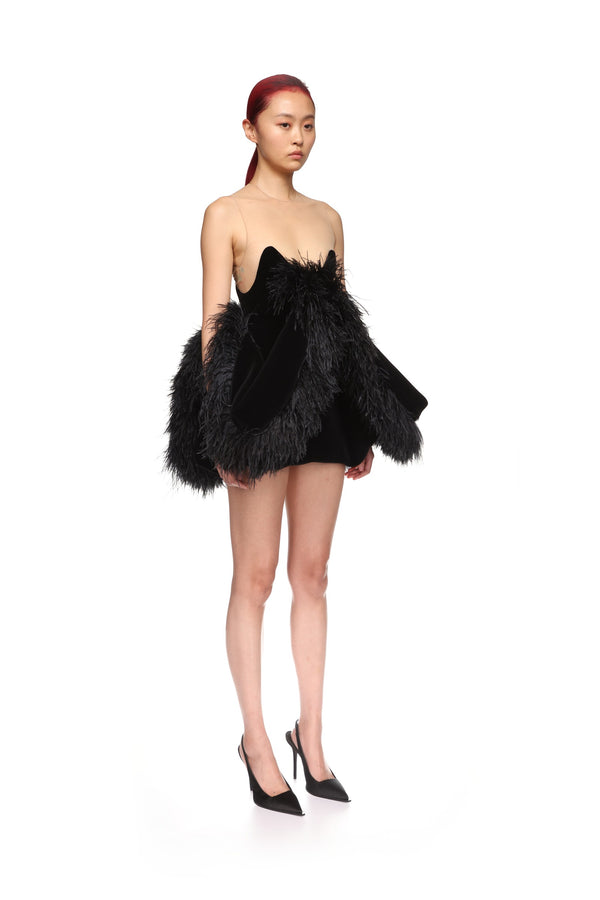 David Koma FOLD SKIRT AND FEATHER TRIM MINI DRESS BLACK