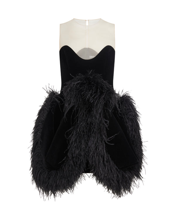 david koma FOLD SKIRT AND FEATHER TRIM MINI DRESS BLACK