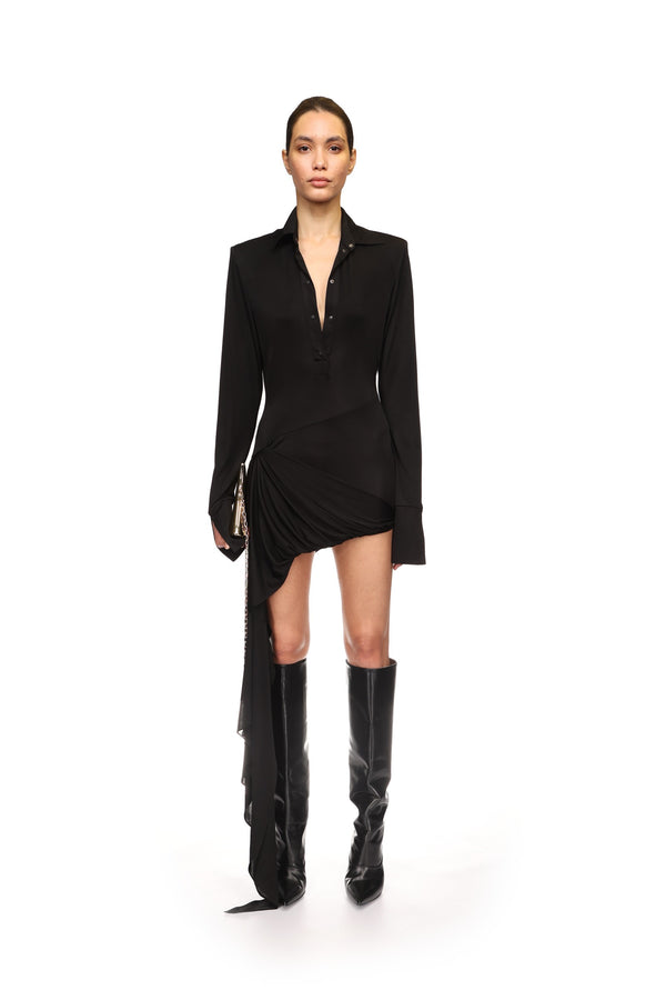 David Koma FRONT DRAPE SKIRT POLO SHIRT DRESS BLACK