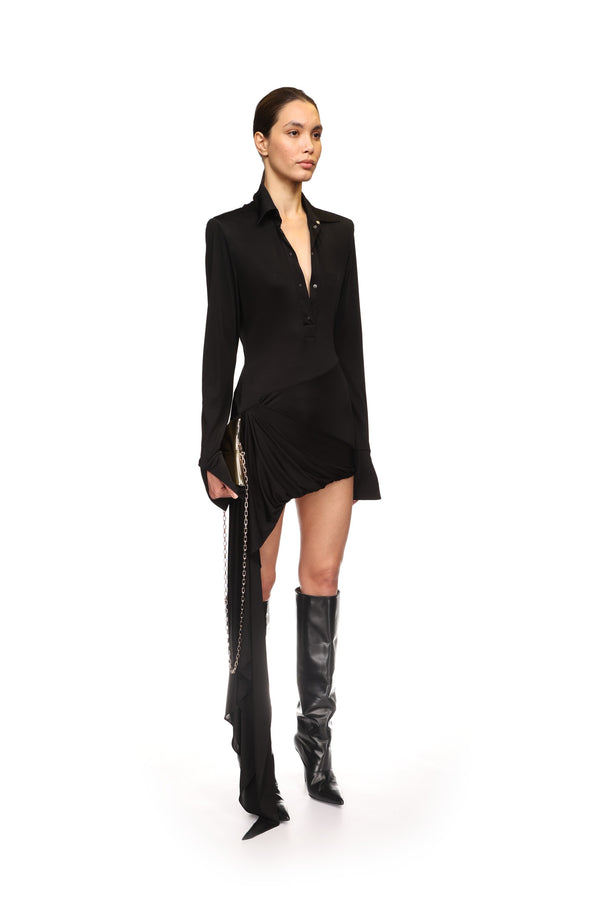 David Koma FRONT DRAPE SKIRT POLO SHIRT DRESS BLACK