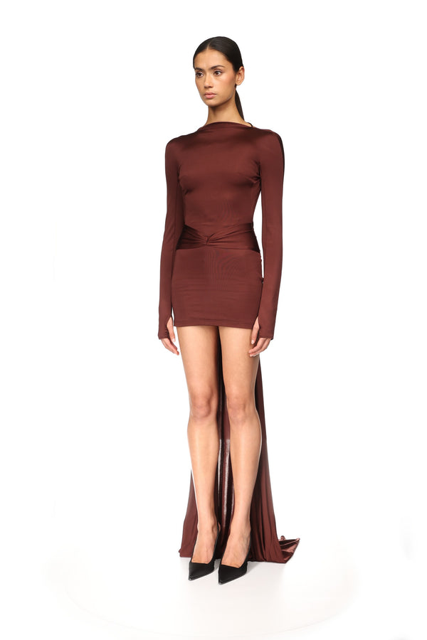David Koma GATHER DETAIL AND TRAIN MINI DRESS BURGUNDY