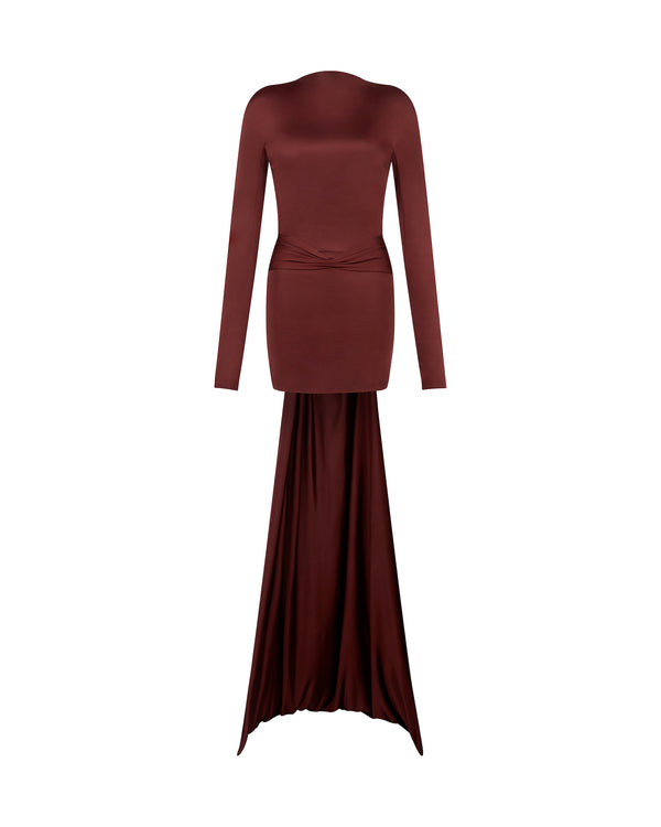 david koma GATHER DETAIL AND TRAIN MINI DRESS BURGUNDY
