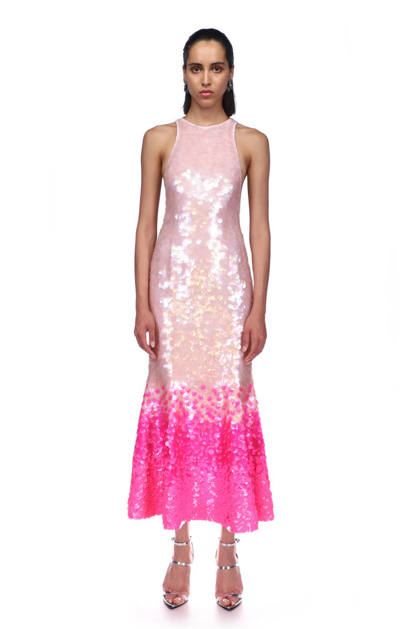 David Koma GRADIENT PAILLETTES AND FLOUNCE HEM MIDI DRESS NEON PINK GRADIENT