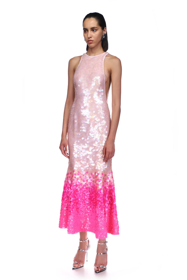 David Koma GRADIENT PAILLETTES AND FLOUNCE HEM MIDI DRESS NEON PINK GRADIENT