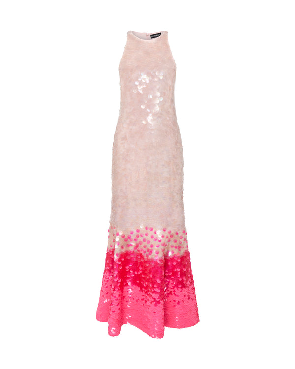 david koma GRADIENT PAILLETTES AND FLOUNCE HEM MIDI DRESS NEON PINK GRADIENT