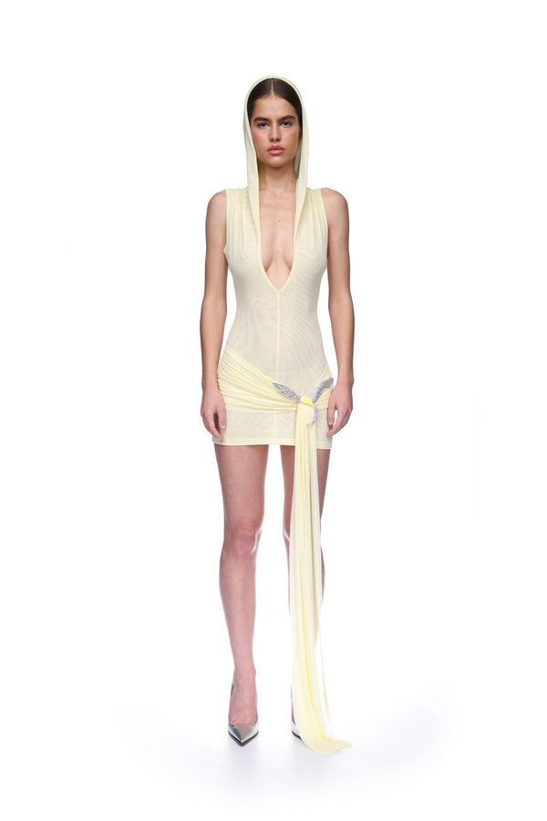 David Koma HOODED MINI DRESS WITH CRYSTAL HUMMINGBIRD YELLOW/YELLOW/SILVER