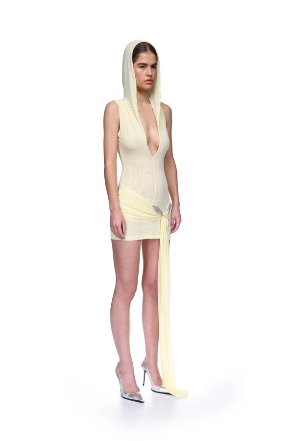 David Koma HOODED MINI DRESS WITH CRYSTAL HUMMINGBIRD YELLOW/YELLOW/SILVER